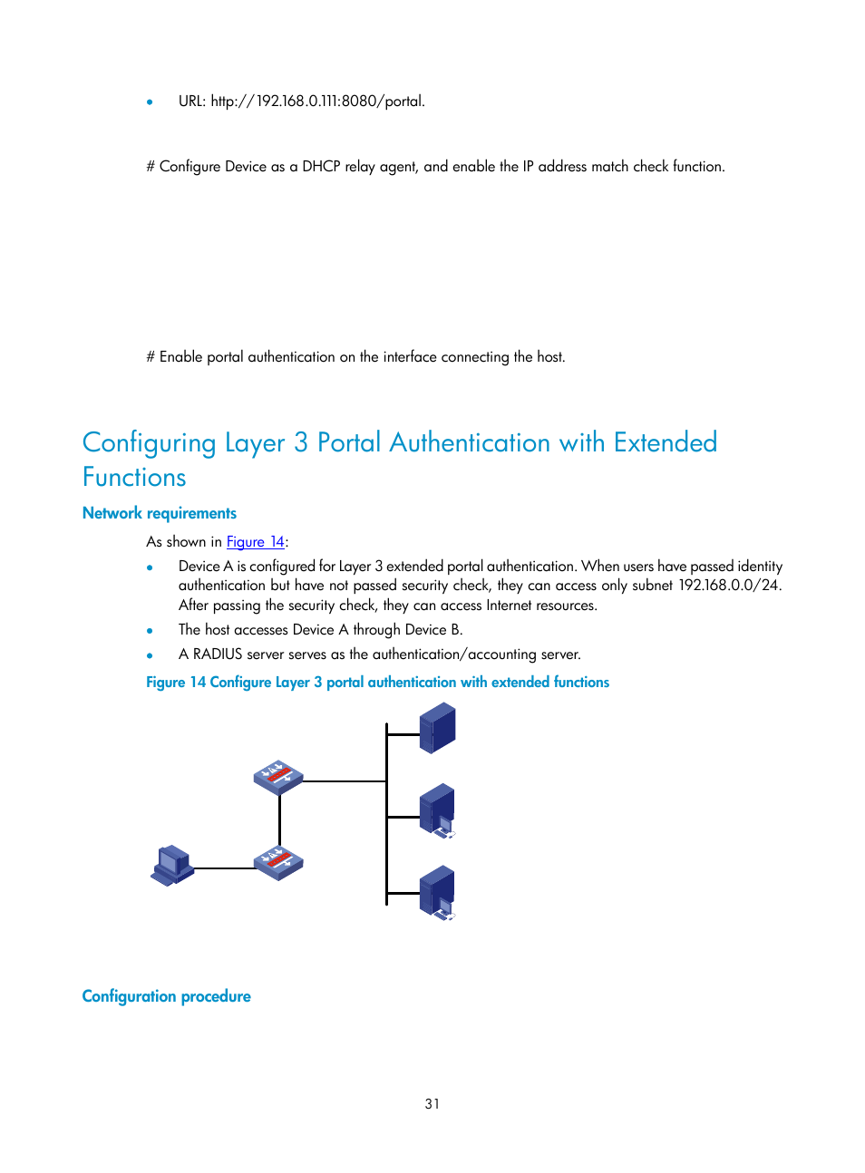 Network requirements, Configuration procedure | H3C Technologies H3C SecPath F1000-E User Manual | Page 32 / 182