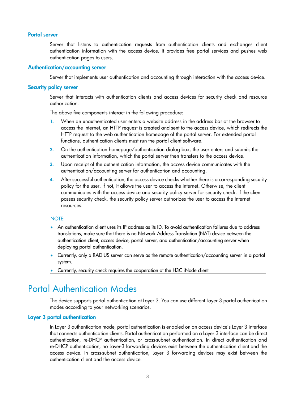 Portal server, Authentication/accounting server, Security policy server | Portal authentication modes, Layer 3 portal authentication | H3C Technologies H3C SecPath F1000-E User Manual | Page 4 / 182