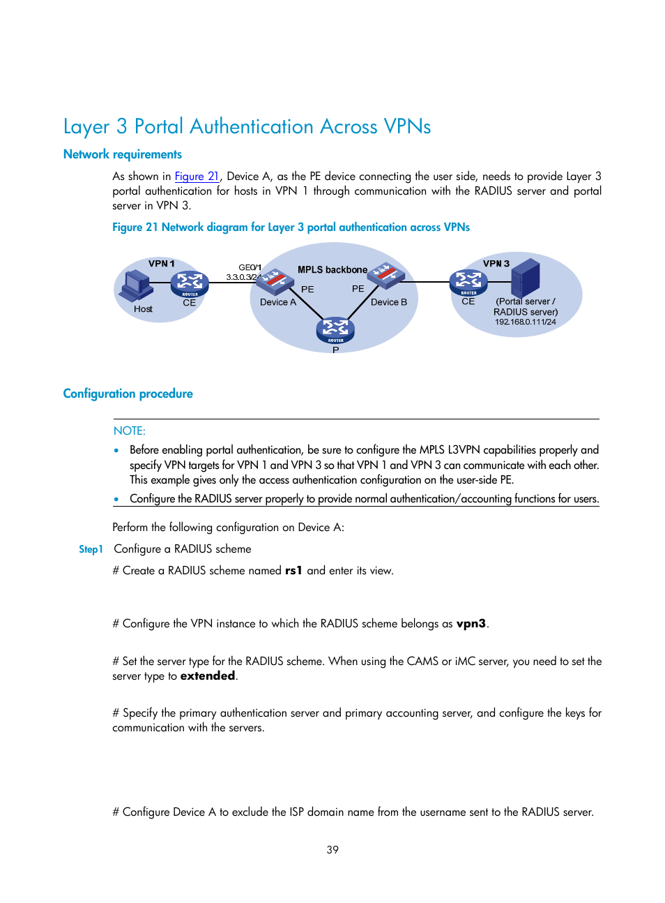 Layer 3 portal authentication across vpns, Network requirements, Configuration procedure | H3C Technologies H3C SecPath F1000-E User Manual | Page 40 / 182