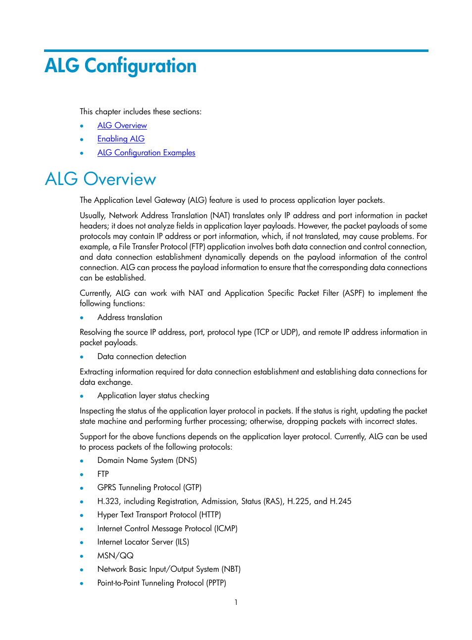 Alg configuration, Alg overview | H3C Technologies H3C SecPath F1000-E User Manual | Page 45 / 182