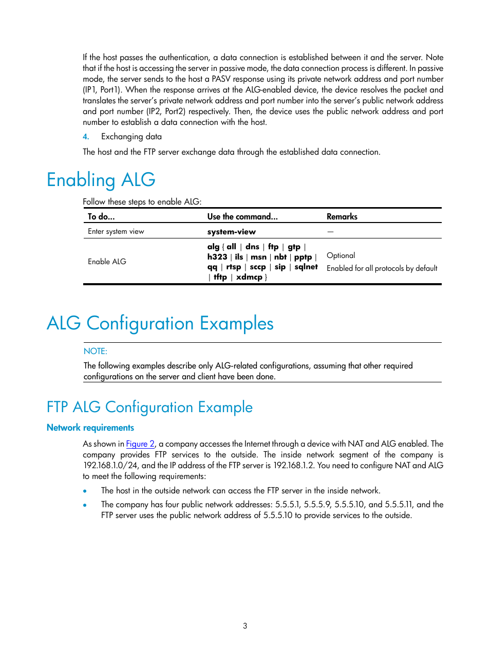 Enabling alg, Alg configuration examples, Ftp alg configuration example | Network requirements | H3C Technologies H3C SecPath F1000-E User Manual | Page 47 / 182