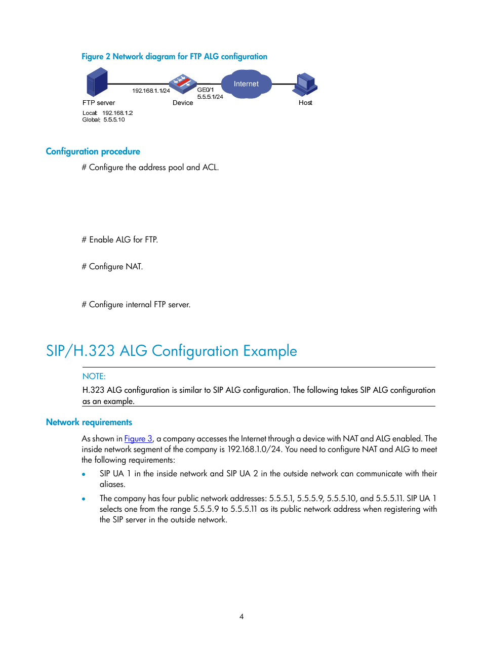 Configuration procedure, Sip/h.323 alg configuration example, Network requirements | H3C Technologies H3C SecPath F1000-E User Manual | Page 48 / 182