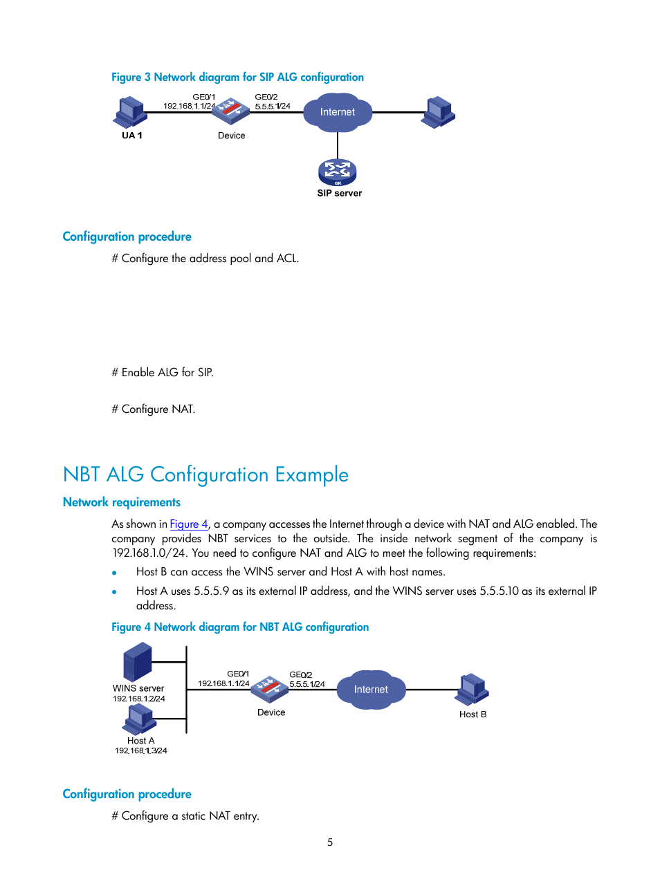 Configuration procedure, Nbt alg configuration example, Network requirements | H3C Technologies H3C SecPath F1000-E User Manual | Page 49 / 182