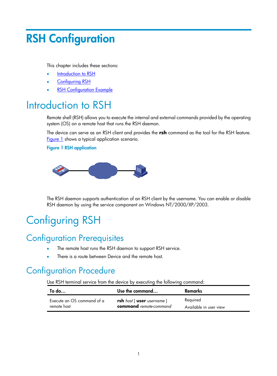 Rsh configuration, Introduction to rsh, Configuring rsh | Configuration prerequisites, Configuration procedure | H3C Technologies H3C SecPath F1000-E User Manual | Page 52 / 182