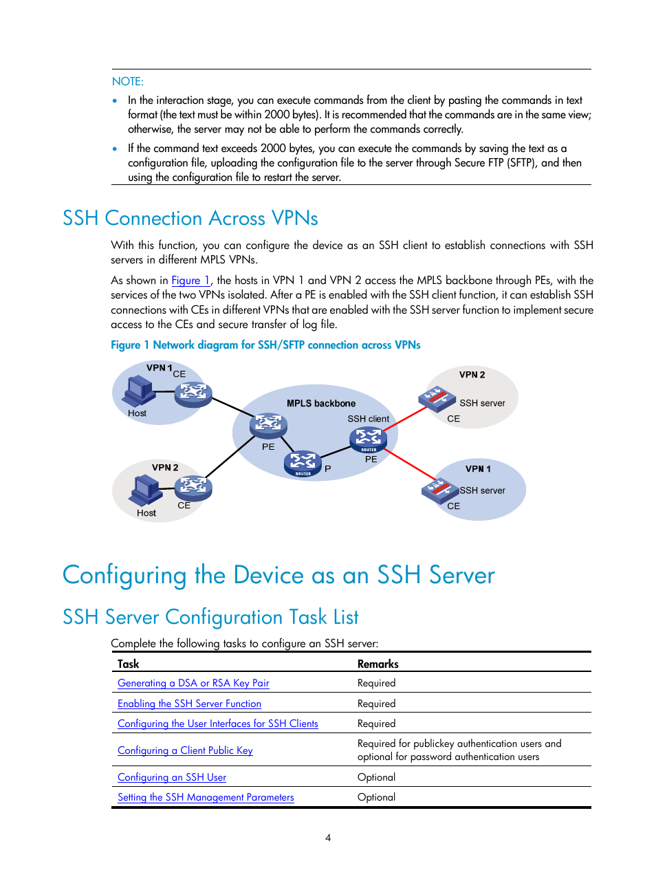 Ssh connection across vpns, Configuring the device as an ssh server, Ssh server configuration task list | H3C Technologies H3C SecPath F1000-E User Manual | Page 60 / 182