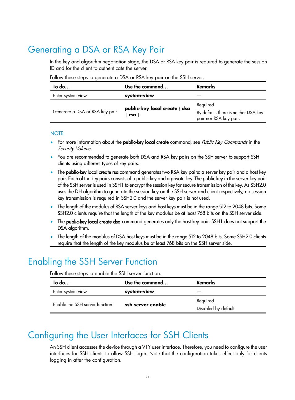 Generating a dsa or rsa key pair, Enabling the ssh server function, Configuring the user interfaces for ssh clients | H3C Technologies H3C SecPath F1000-E User Manual | Page 61 / 182