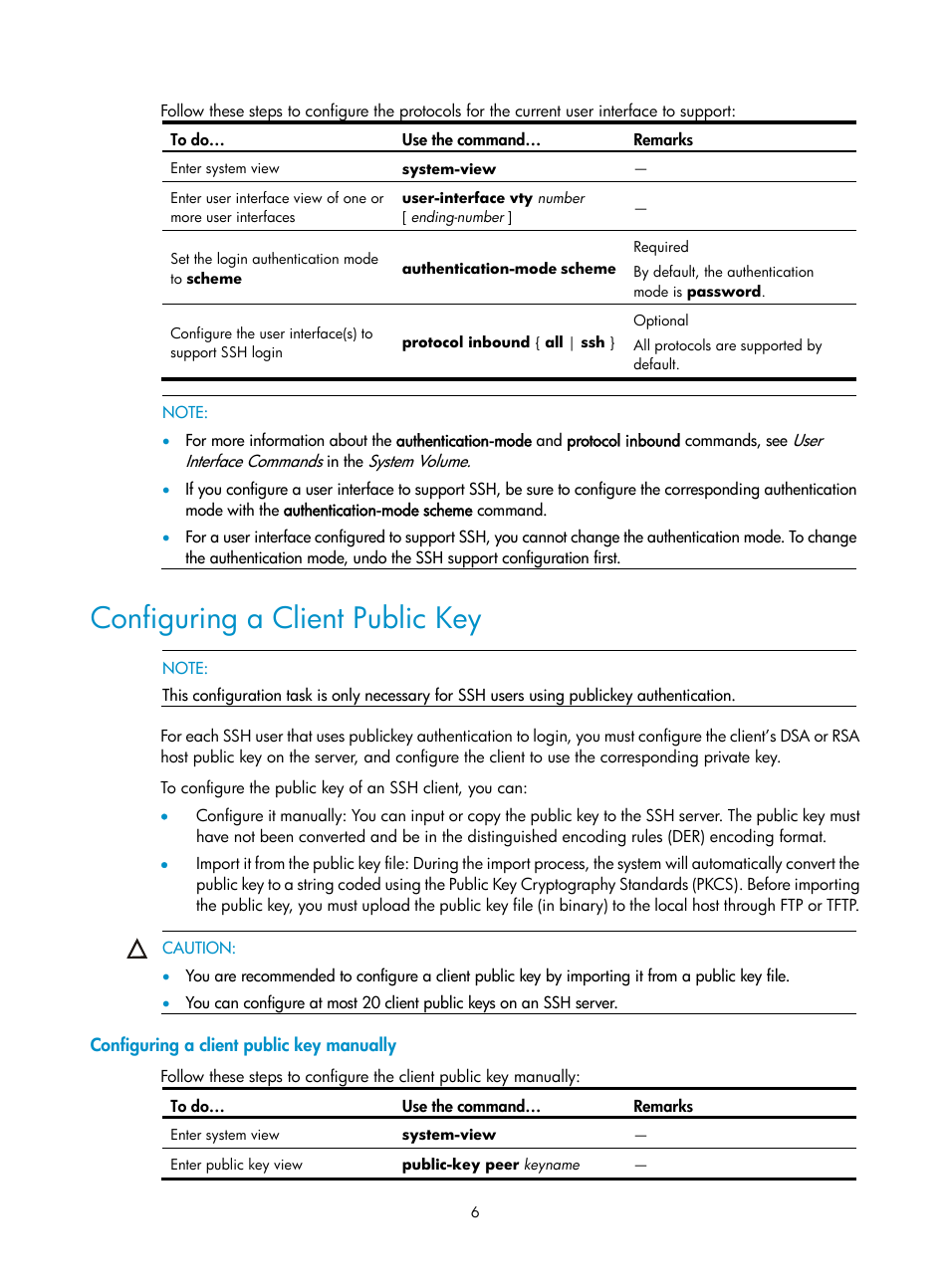 Configuring a client public key, Configuring a client public key manually | H3C Technologies H3C SecPath F1000-E User Manual | Page 62 / 182