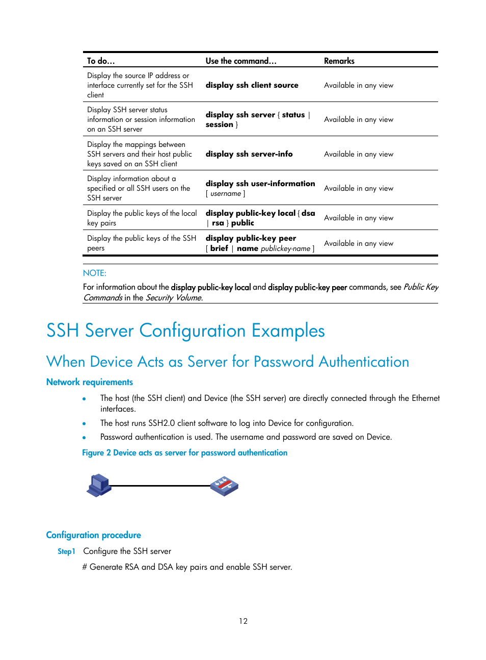 Ssh server configuration examples, Network requirements, Configuration procedure | H3C Technologies H3C SecPath F1000-E User Manual | Page 68 / 182
