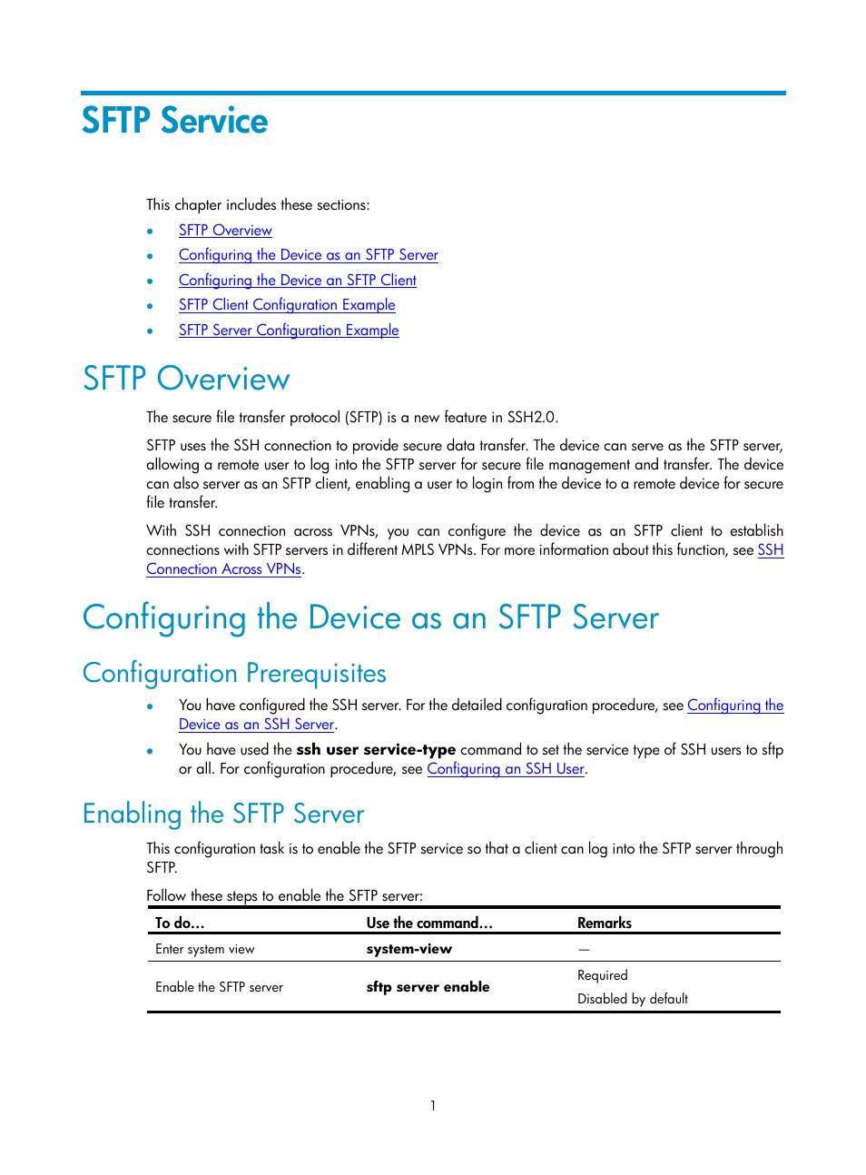 Sftp service, Sftp overview, Configuring the device as an sftp server | Configuration prerequisites, Enabling the sftp server | H3C Technologies H3C SecPath F1000-E User Manual | Page 80 / 182