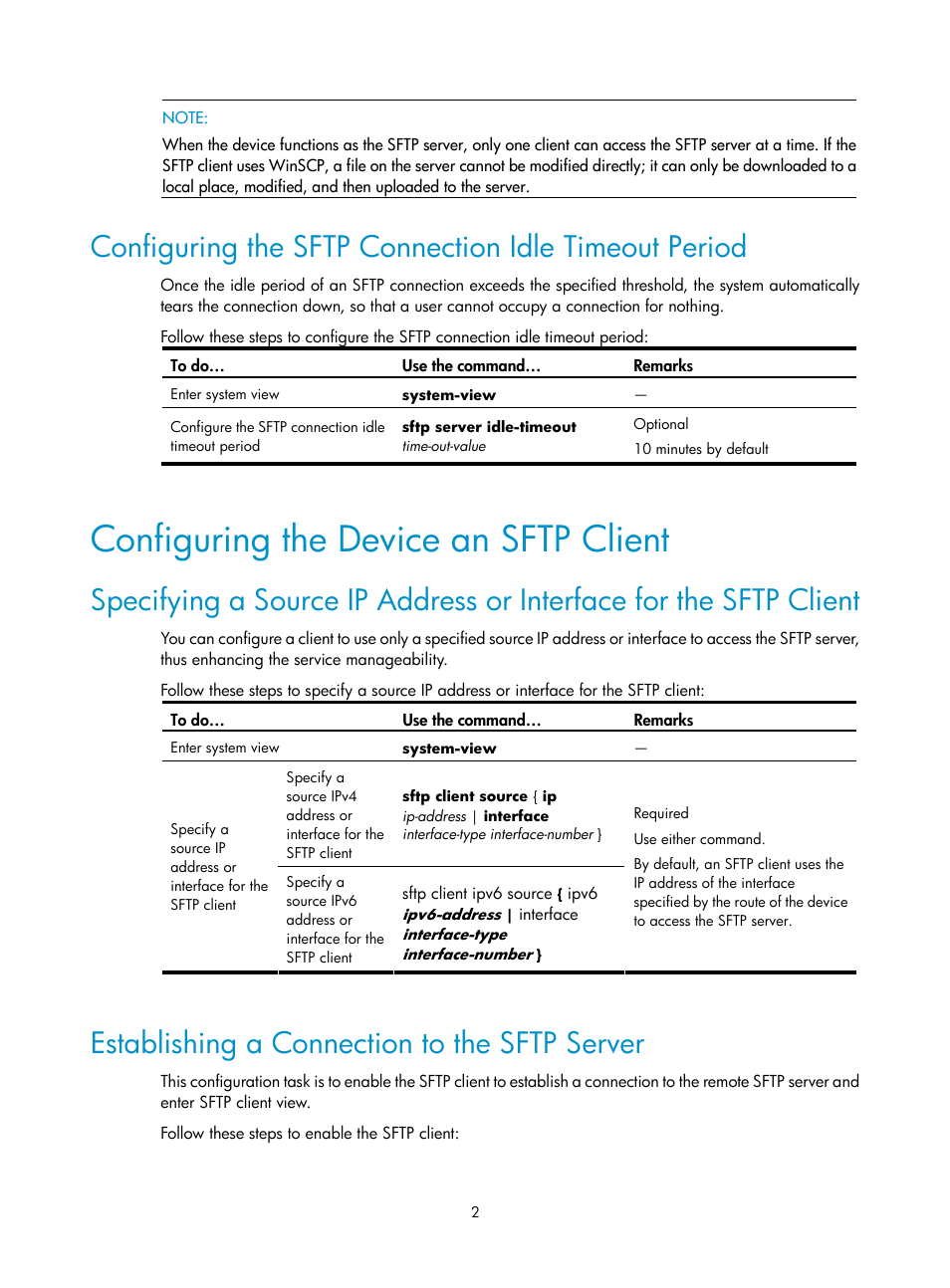 Configuring the device an sftp client, Establishing a connection to the sftp server | H3C Technologies H3C SecPath F1000-E User Manual | Page 81 / 182