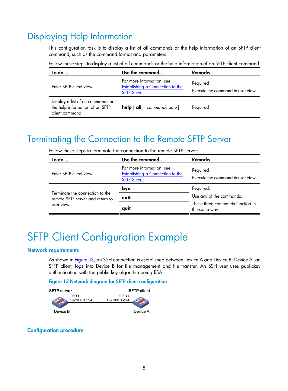 Displaying help information, Sftp client configuration example, Network requirements | Configuration procedure | H3C Technologies H3C SecPath F1000-E User Manual | Page 84 / 182