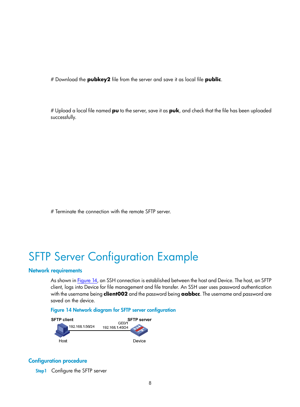 Sftp server configuration example, Network requirements, Configuration procedure | H3C Technologies H3C SecPath F1000-E User Manual | Page 87 / 182