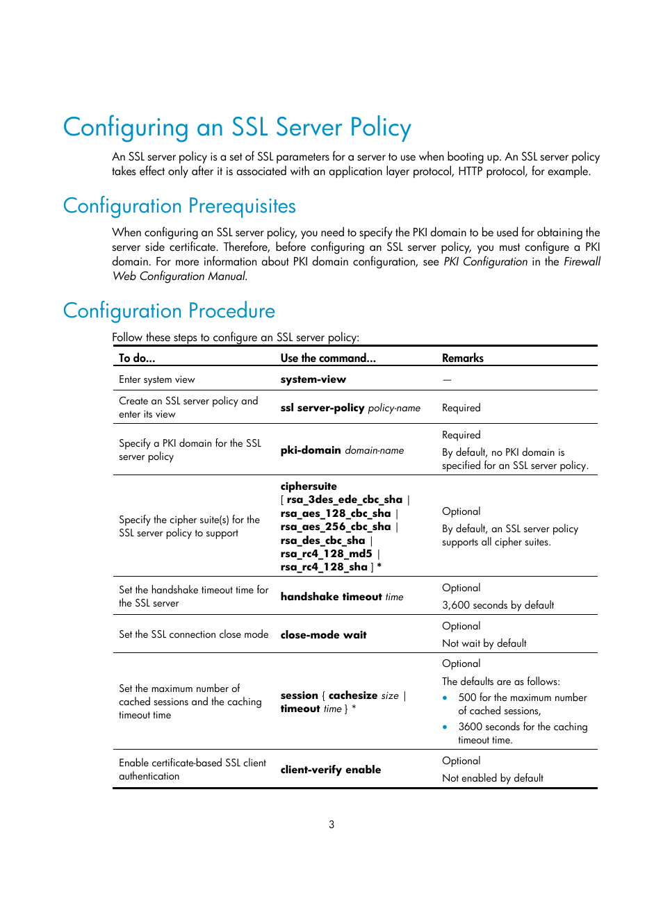 Configuring an ssl server policy, Configuration prerequisites, Configuration procedure | H3C Technologies H3C SecPath F1000-E User Manual | Page 93 / 182