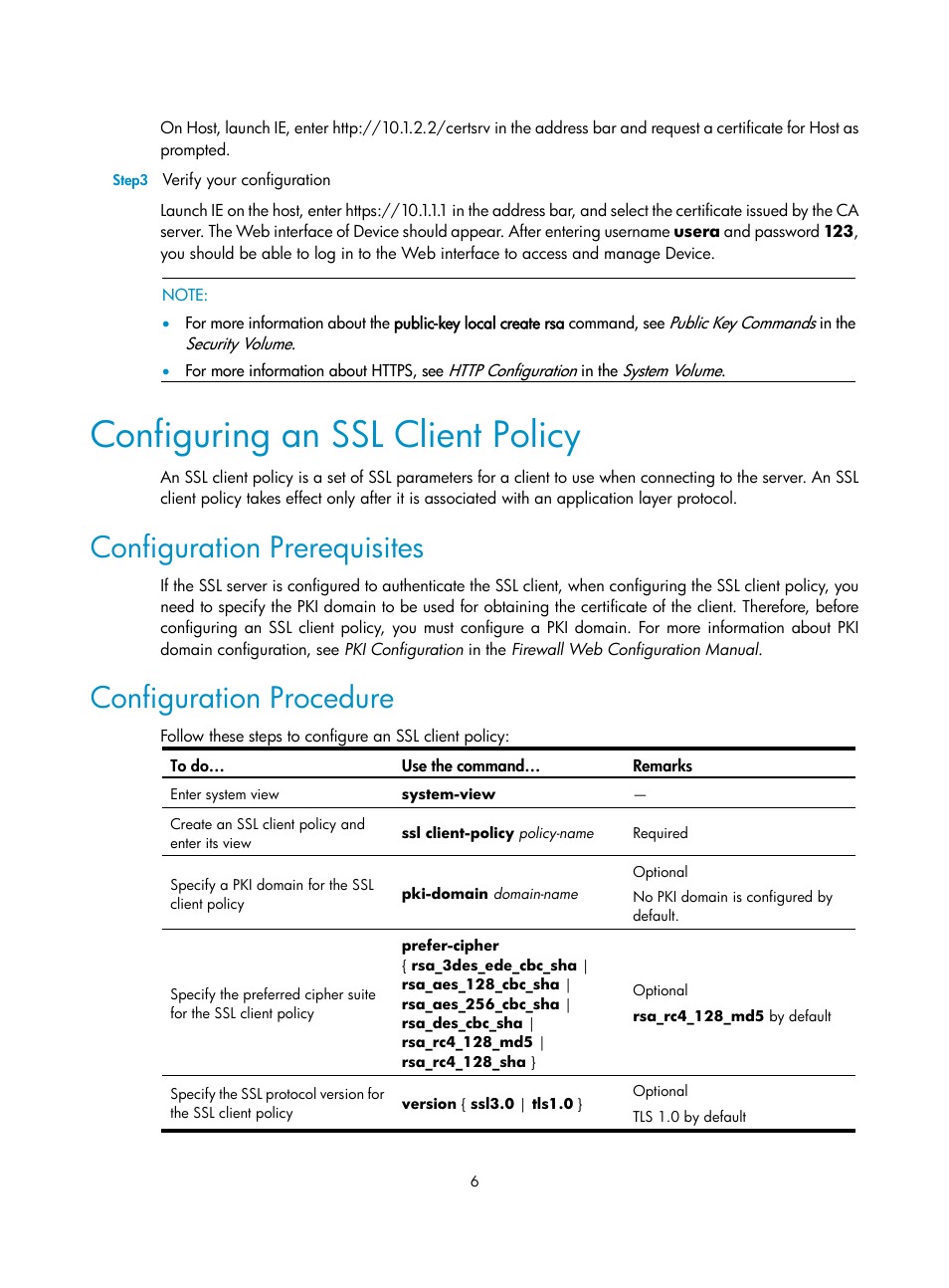 Configuring an ssl client policy, Configuration prerequisites, Configuration procedure | H3C Technologies H3C SecPath F1000-E User Manual | Page 96 / 182