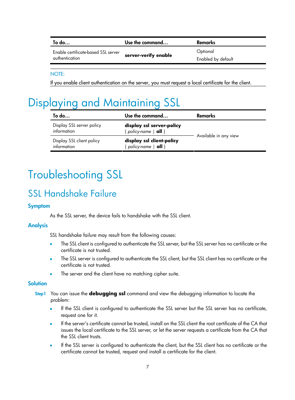 Displaying and maintaining ssl, Troubleshooting ssl, Ssl handshake failure | Symptom, Analysis, Solution | H3C Technologies H3C SecPath F1000-E User Manual | Page 97 / 182