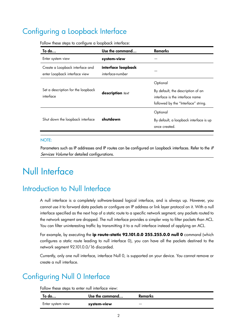 Configuring a loopback interface, Null interface, Introduction to null interface | Configuring null 0 interface | H3C Technologies H3C SecPath F1000-E User Manual | Page 14 / 57