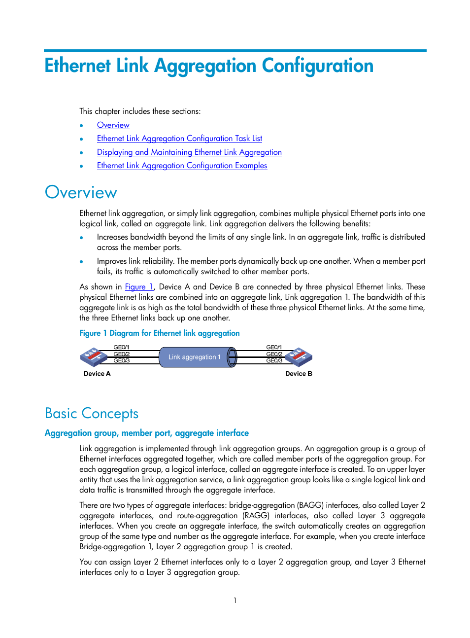 Ethernet link aggregation configuration, Overview, Basic concepts | H3C Technologies H3C SecPath F1000-E User Manual | Page 17 / 57