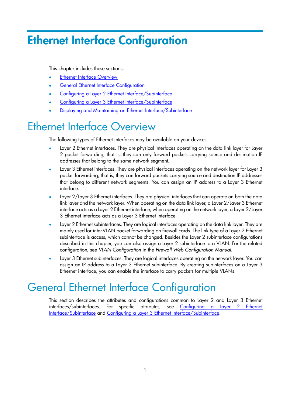 Ethernet interface configuration, Ethernet interface overview, General ethernet interface configuration | H3C Technologies H3C SecPath F1000-E User Manual | Page 2 / 57