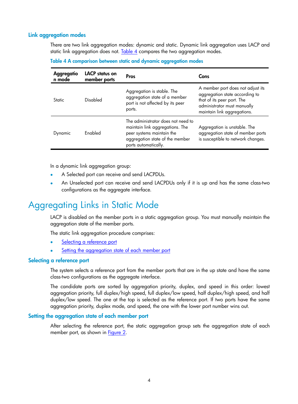 Link aggregation modes, Aggregating links in static mode, Selecting a reference port | Setting the aggregation state of each member port | H3C Technologies H3C SecPath F1000-E User Manual | Page 20 / 57