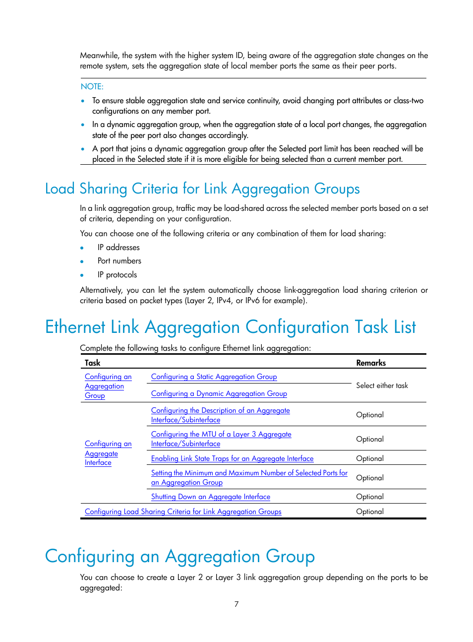 Load sharing criteria for link aggregation groups, Ethernet link aggregation configuration task list, Configuring an aggregation group | H3C Technologies H3C SecPath F1000-E User Manual | Page 23 / 57