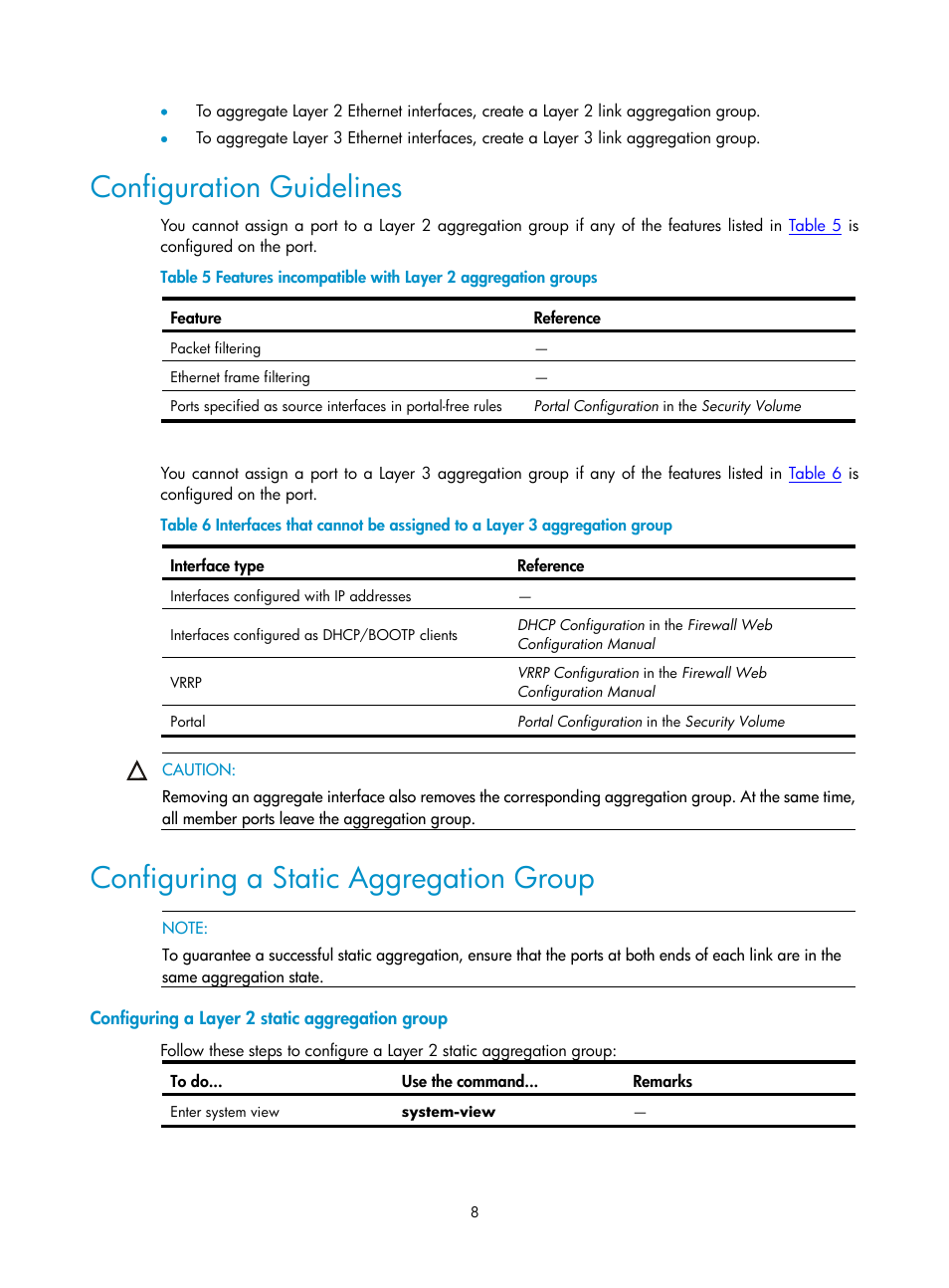 Configuration guidelines, Configuring a static aggregation group, Configuring a layer 2 static aggregation group | H3C Technologies H3C SecPath F1000-E User Manual | Page 24 / 57