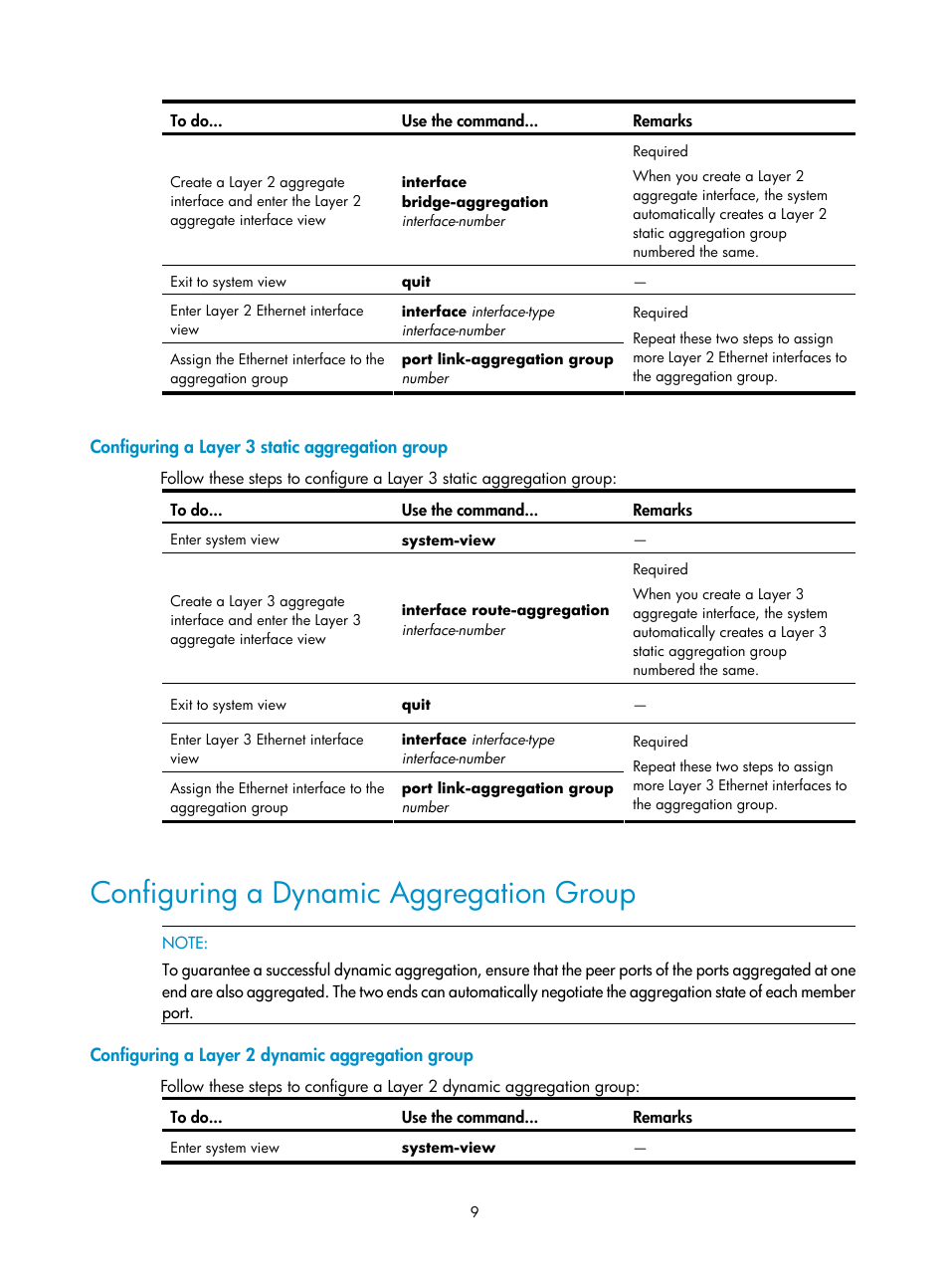 Configuring a layer 3 static aggregation group, Configuring a dynamic aggregation group, Configuring a layer 2 dynamic aggregation group | H3C Technologies H3C SecPath F1000-E User Manual | Page 25 / 57