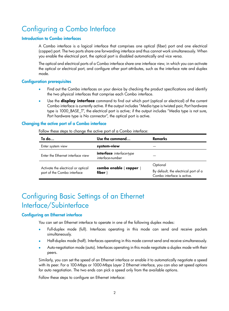 Configuring a combo interface, Introduction to combo interfaces, Configuration prerequisites | Changing the active port of a combo interface, Configuring an ethernet interface | H3C Technologies H3C SecPath F1000-E User Manual | Page 3 / 57