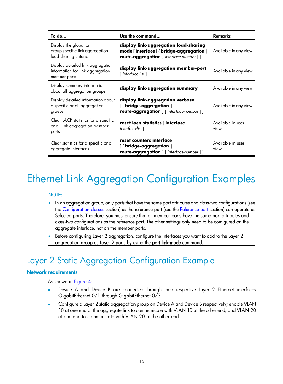 Ethernet link aggregation configuration examples, Layer 2 static aggregation configuration example, Network requirements | H3C Technologies H3C SecPath F1000-E User Manual | Page 32 / 57