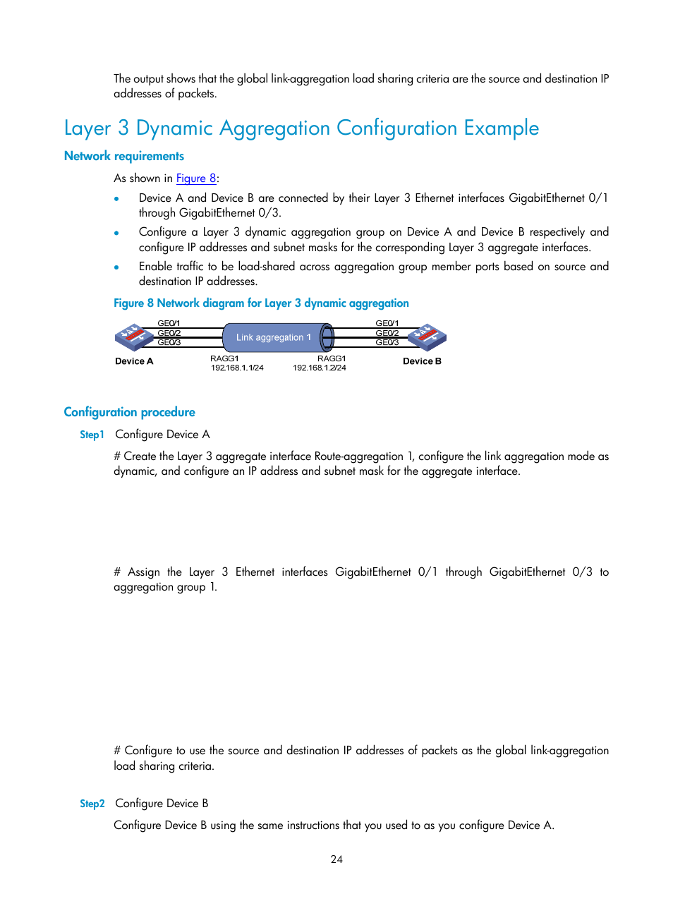 Layer 3 dynamic aggregation configuration example, Network requirements, Configuration procedure | H3C Technologies H3C SecPath F1000-E User Manual | Page 40 / 57