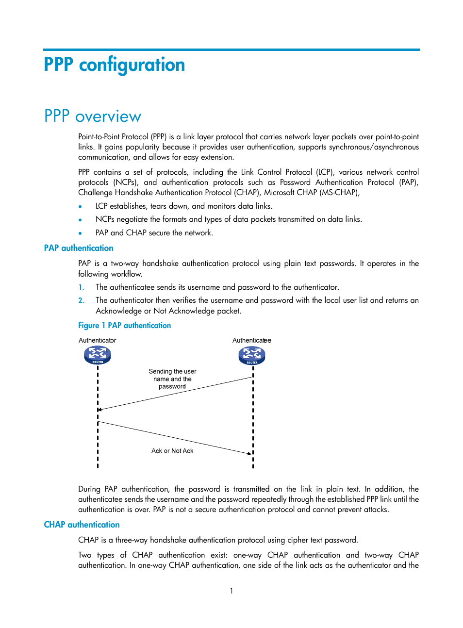 Ppp configuration, Ppp overview, Pap authentication | Chap authentication | H3C Technologies H3C SecPath F1000-E User Manual | Page 45 / 57