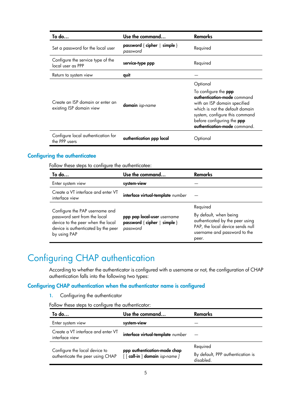 Configuring the authenticatee, Configuring chap authentication, Configuring chap | Authentication | H3C Technologies H3C SecPath F1000-E User Manual | Page 49 / 57