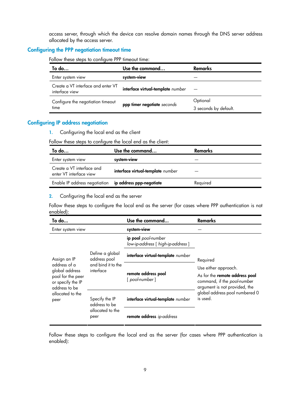 Configuring the ppp negotiation timeout time, Configuring ip address negotiation | H3C Technologies H3C SecPath F1000-E User Manual | Page 53 / 57