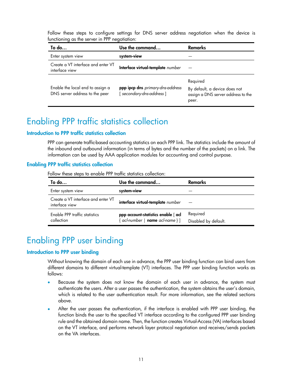 Enabling ppp traffic statistics collection, Introduction to ppp traffic statistics collection, Enabling ppp user binding | Introduction to ppp user binding, Enabling ppp traffic, Statistics collection, Enabling ppp user, Binding | H3C Technologies H3C SecPath F1000-E User Manual | Page 55 / 57