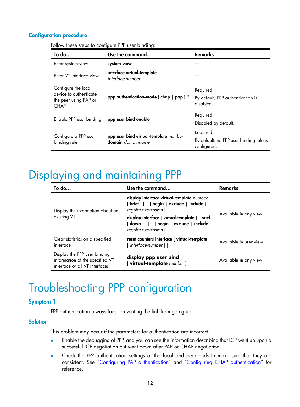 Configuration procedure, Displaying and maintaining ppp, Troubleshooting ppp configuration | Symptom 1, Solution | H3C Technologies H3C SecPath F1000-E User Manual | Page 56 / 57