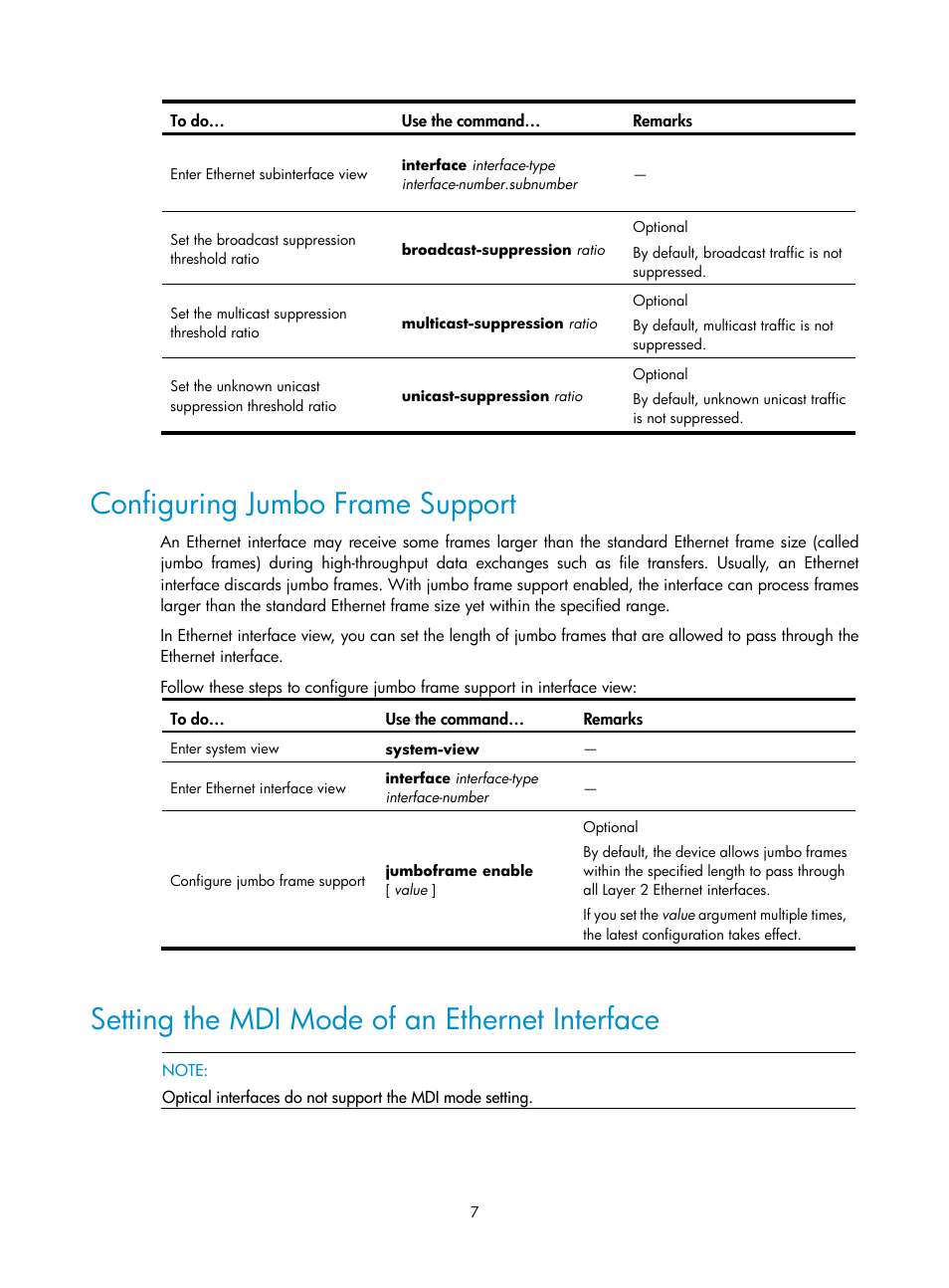 Configuring jumbo frame support, Setting the mdi mode of an ethernet interface | H3C Technologies H3C SecPath F1000-E User Manual | Page 8 / 57