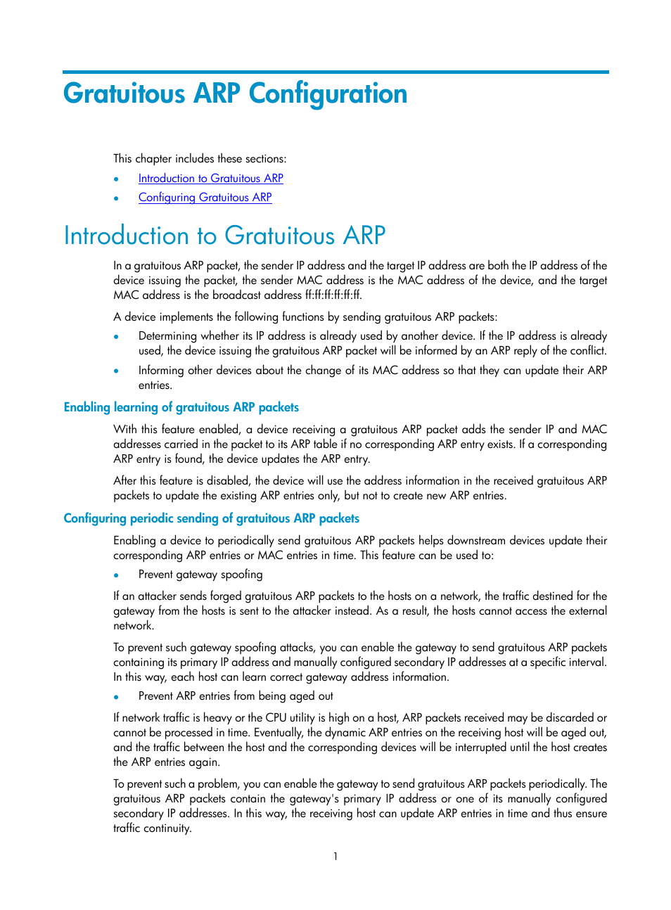 Gratuitous arp configuration, Introduction to gratuitous arp, Enabling learning of gratuitous arp packets | H3C Technologies H3C SecPath F1000-E User Manual | Page 10 / 198