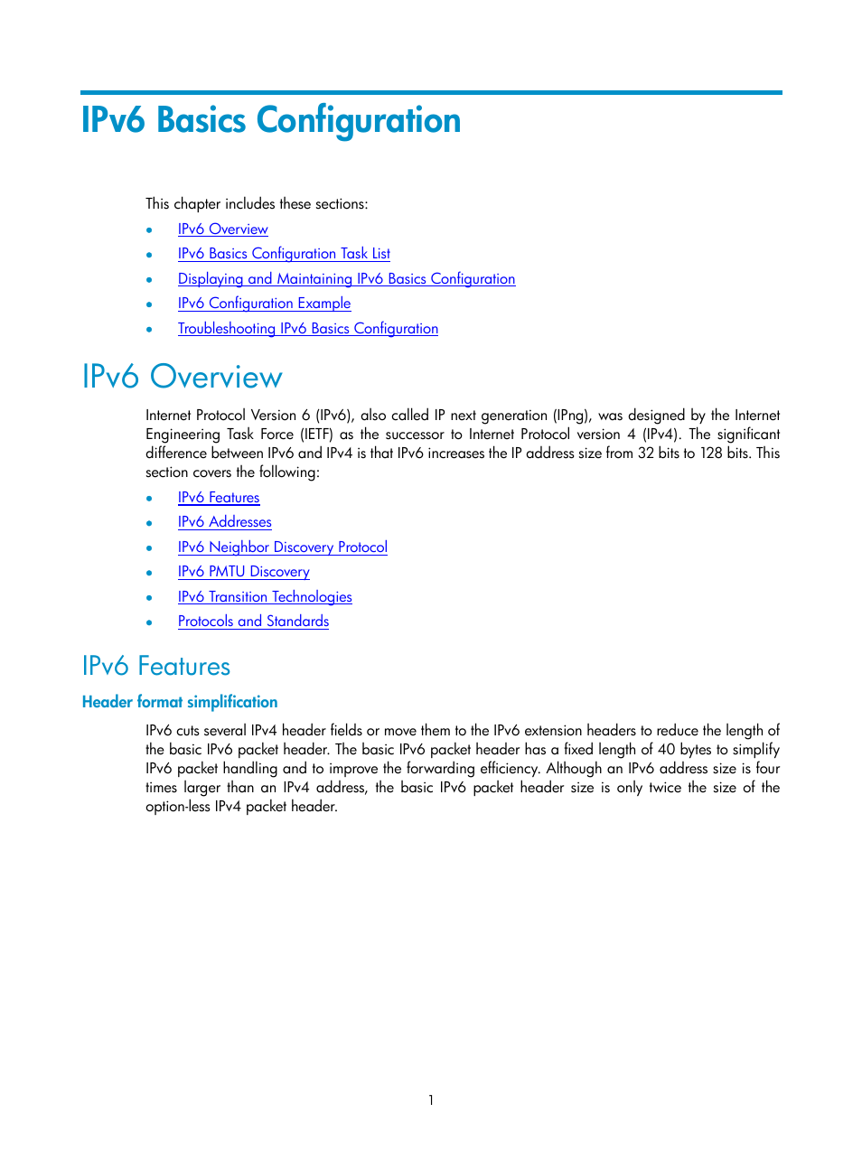 Ipv6 basics configuration, Ipv6 overview, Ipv6 features | Header format simplification | H3C Technologies H3C SecPath F1000-E User Manual | Page 101 / 198