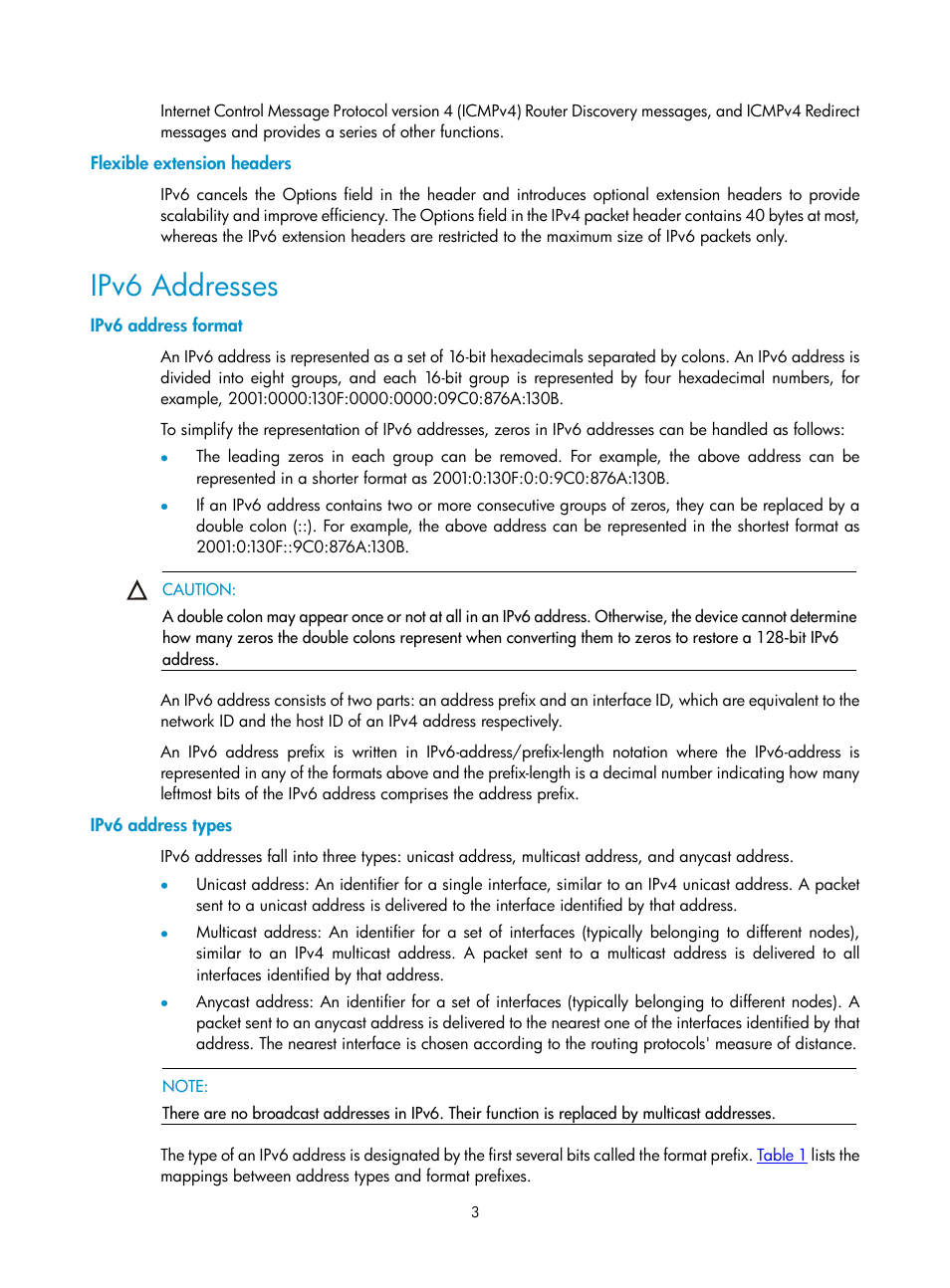 Flexible extension headers, Ipv6 addresses, Ipv6 address format | Ipv6 address types | H3C Technologies H3C SecPath F1000-E User Manual | Page 103 / 198