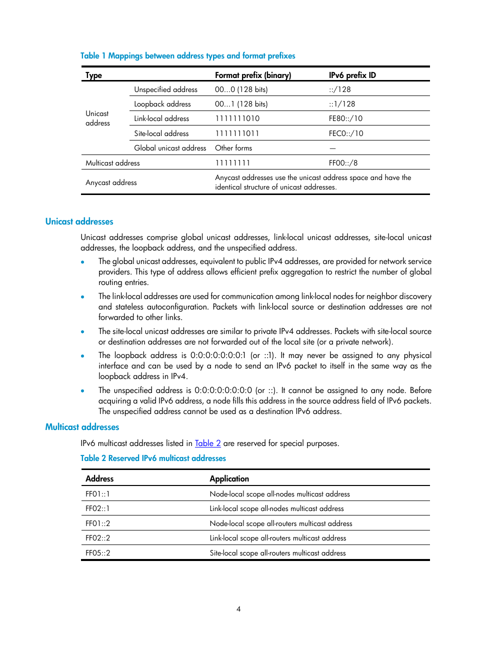 Unicast addresses, Multicast addresses | H3C Technologies H3C SecPath F1000-E User Manual | Page 104 / 198