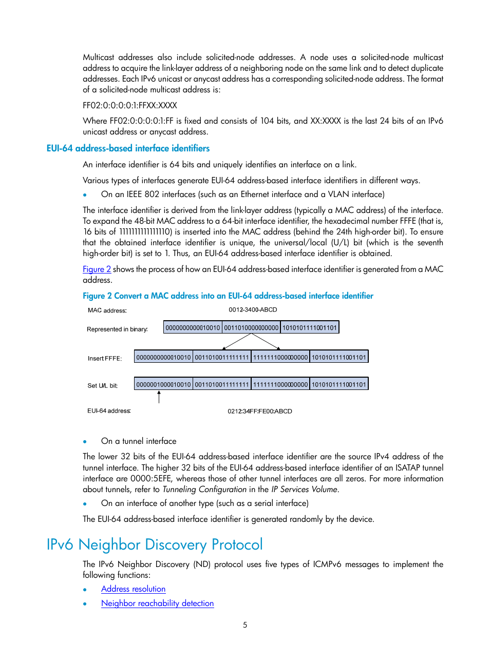 Eui-64 address-based interface identifiers, Ipv6 neighbor discovery protocol | H3C Technologies H3C SecPath F1000-E User Manual | Page 105 / 198