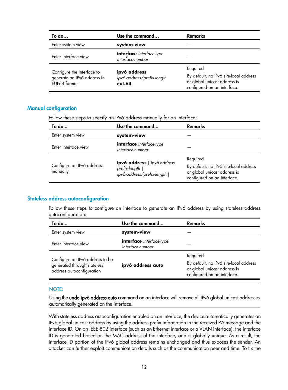 Manual configuration, Stateless address autoconfiguration | H3C Technologies H3C SecPath F1000-E User Manual | Page 112 / 198