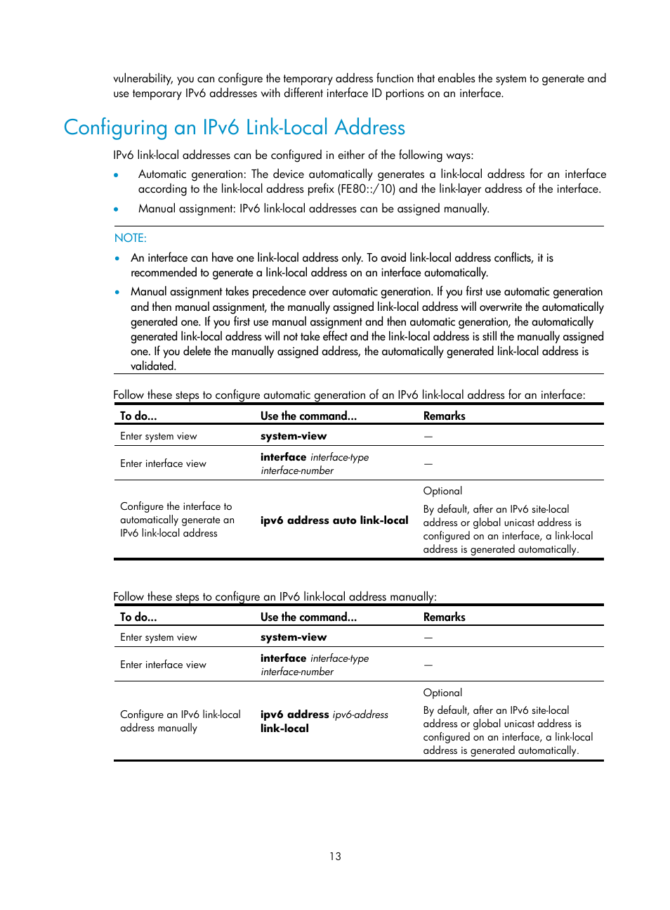 Configuring an ipv6 link-local address | H3C Technologies H3C SecPath F1000-E User Manual | Page 113 / 198