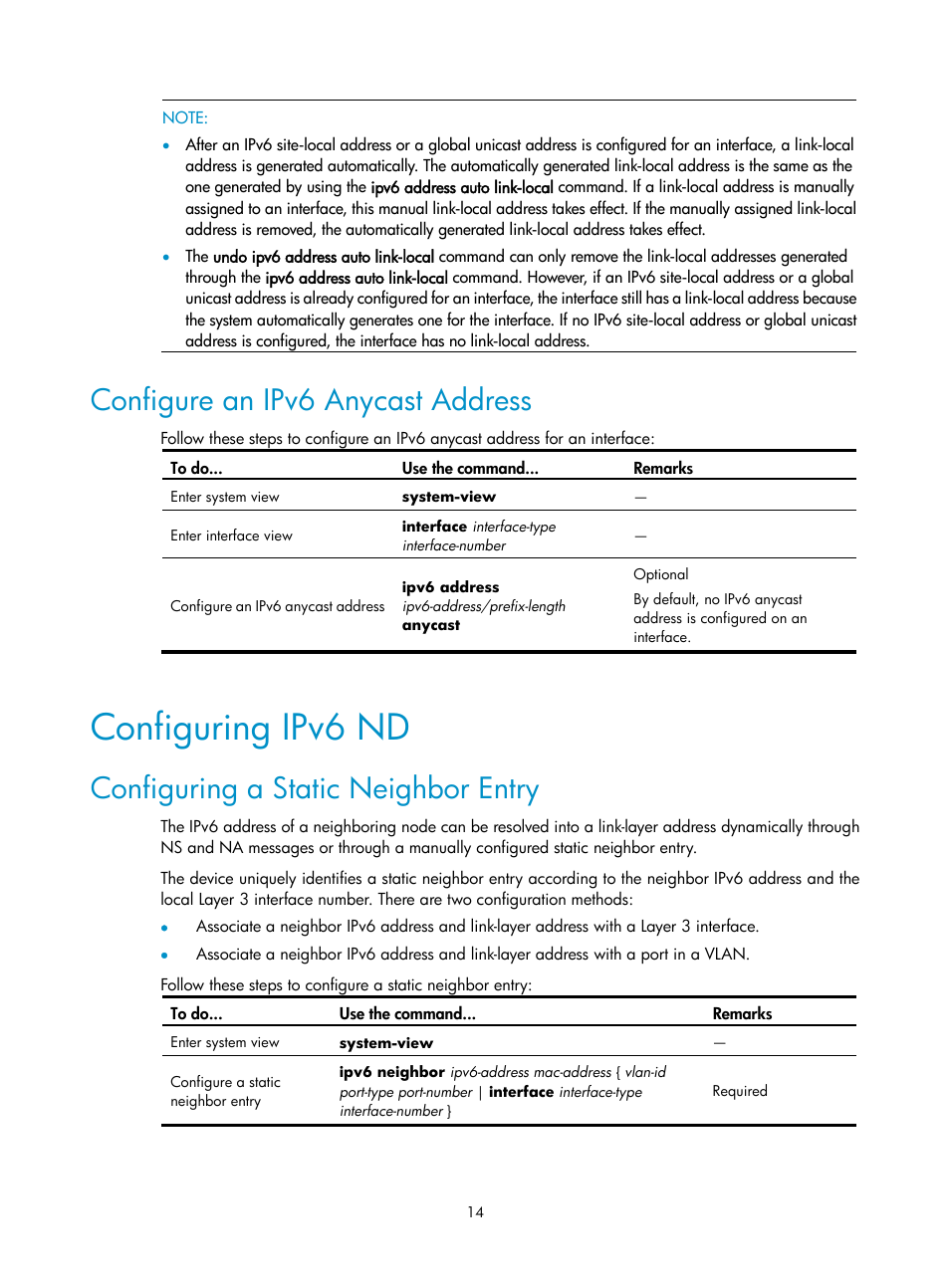 Configure an ipv6 anycast address, Configuring ipv6 nd, Configuring a static neighbor entry | H3C Technologies H3C SecPath F1000-E User Manual | Page 114 / 198