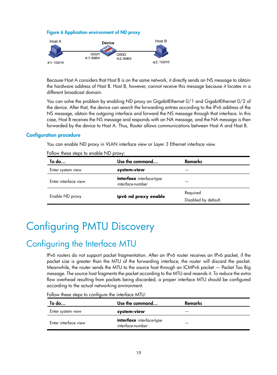 Configuration procedure, Configuring pmtu discovery, Configuring the interface mtu | H3C Technologies H3C SecPath F1000-E User Manual | Page 119 / 198