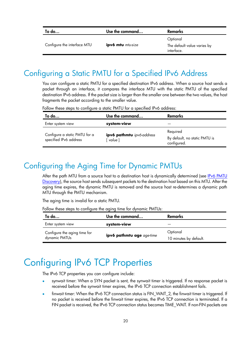 Configuring the aging time for dynamic pmtus, Configuring ipv6 tcp properties | H3C Technologies H3C SecPath F1000-E User Manual | Page 120 / 198