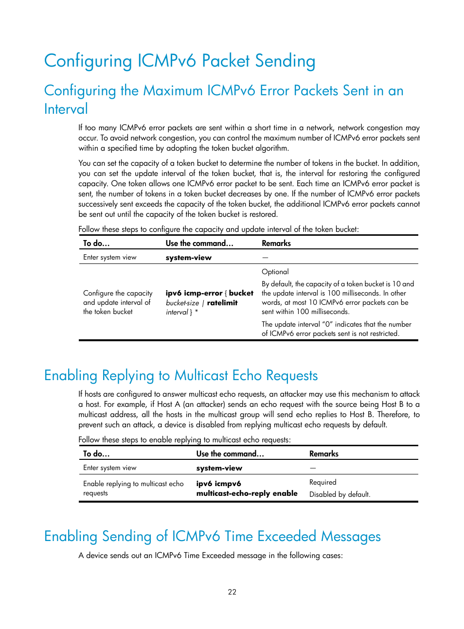 Configuring icmpv6 packet sending, Enabling replying to multicast echo requests, Enabling sending of icmpv6 time exceeded messages | H3C Technologies H3C SecPath F1000-E User Manual | Page 122 / 198