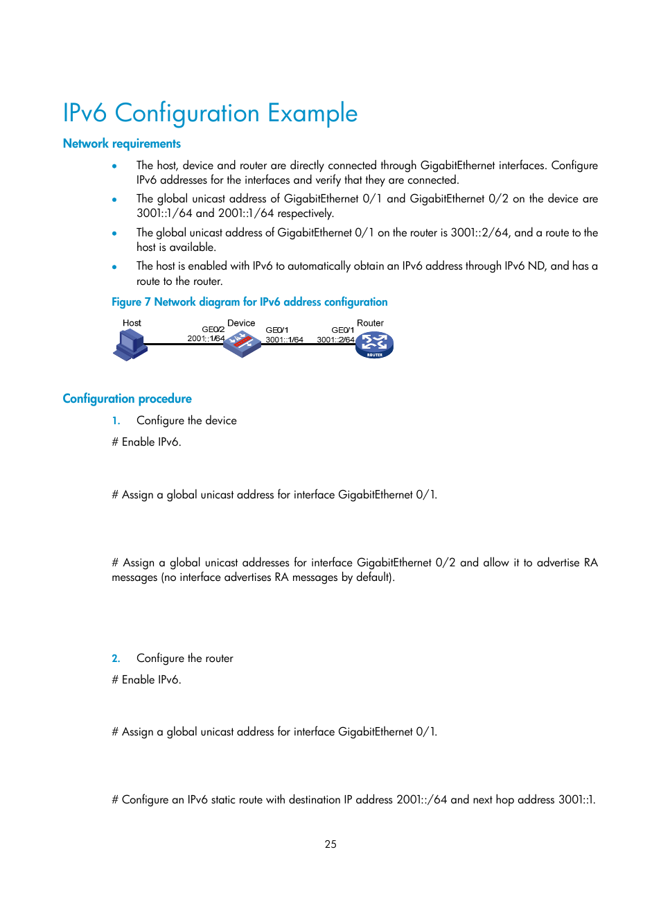 Ipv6 configuration example, Network requirements, Configuration procedure | H3C Technologies H3C SecPath F1000-E User Manual | Page 125 / 198