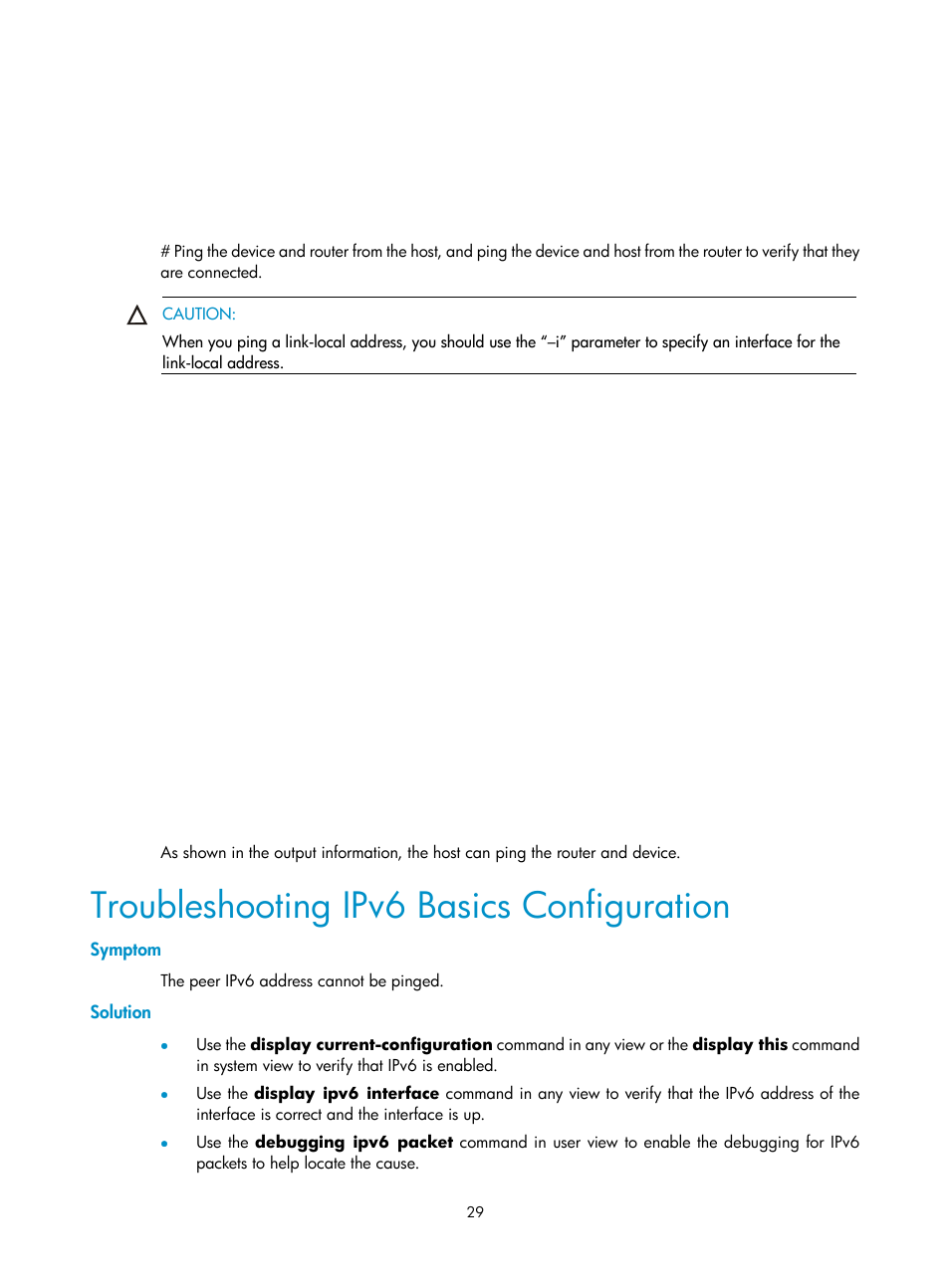 Troubleshooting ipv6 basics configuration, Symptom, Solution | H3C Technologies H3C SecPath F1000-E User Manual | Page 129 / 198