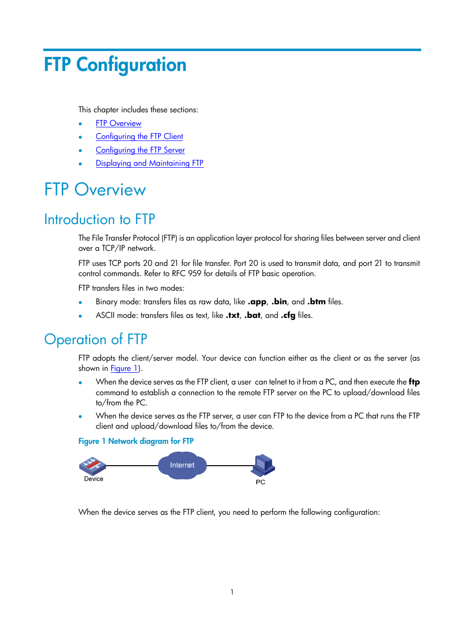 Ftp configuration, Ftp overview, Introduction to ftp | Operation of ftp | H3C Technologies H3C SecPath F1000-E User Manual | Page 131 / 198