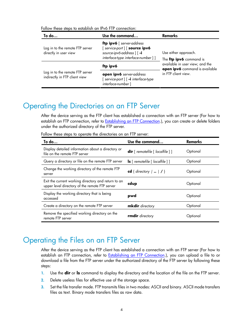 Operating the directories on an ftp server, Operating the files on an ftp server | H3C Technologies H3C SecPath F1000-E User Manual | Page 134 / 198